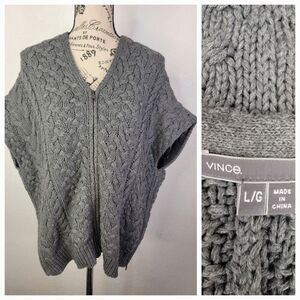VINCE. Sweater Vest Womens Sz Large Gray Crochet Cable Knit Full Zip Poncho